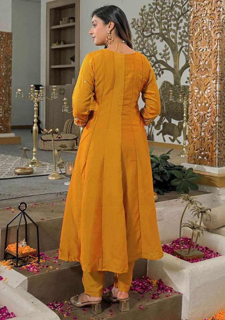 Mustard Yellow And Pink Embroidery Silk Anarkali Set - Indya