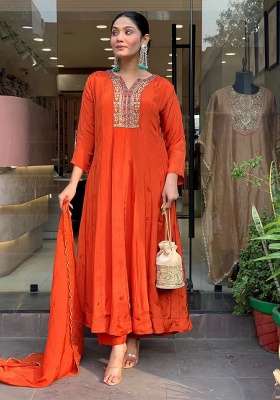 Bright Orange Embroidery Silk Kurta Set