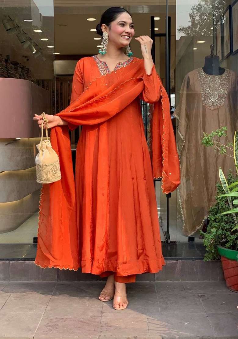 Bright Orange Embroidery Silk Kurta Set - Indya