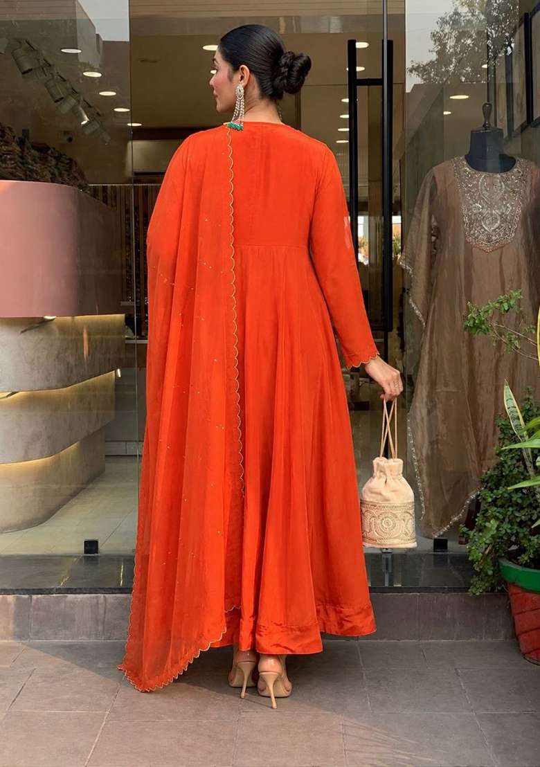 Bright Orange Embroidery Silk Kurta Set - Indya