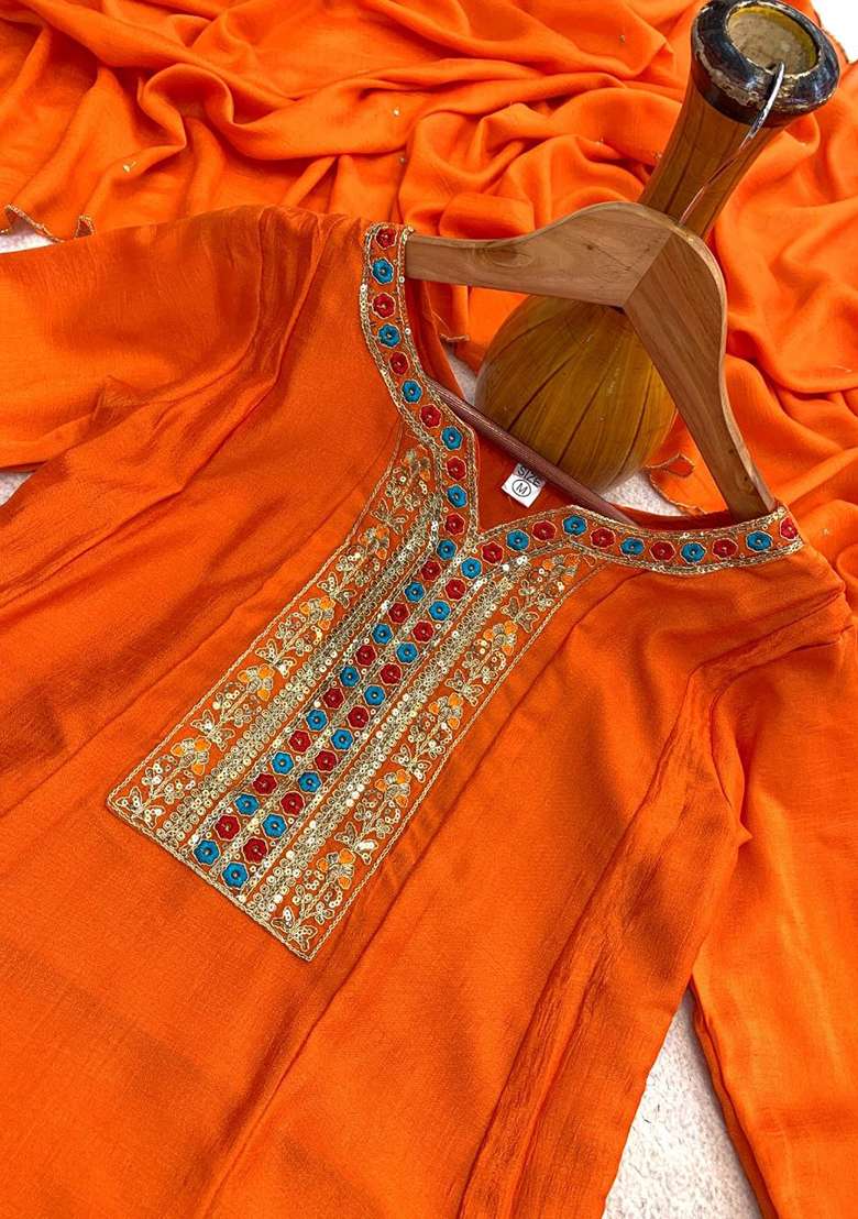 Bright Orange Embroidery Silk Kurta Set - Indya