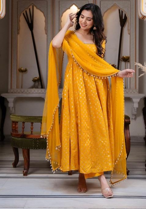 Yellow Mirror Work Silk Anarkali Set