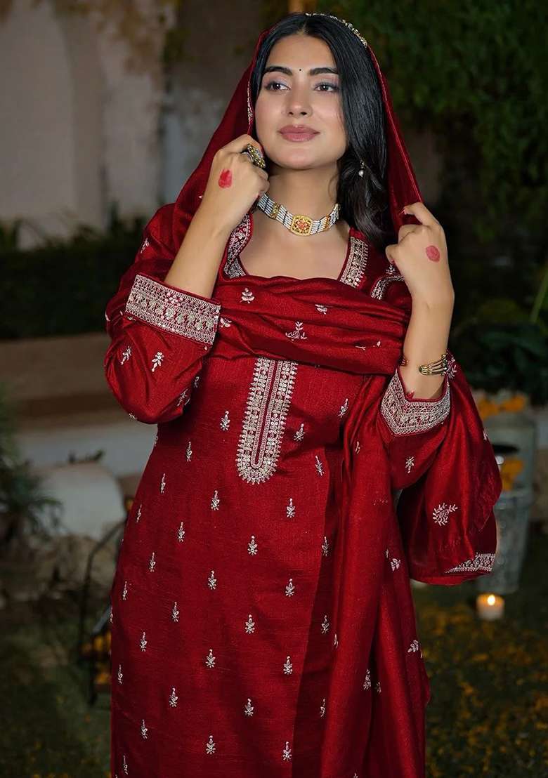 Maroon Embroidery Silk Kurta Set - Indya