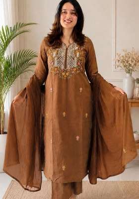 Cocoa Brown Embroidery Chanderi Kurta Set