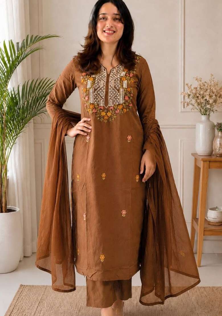 Cocoa Brown Embroidery Chanderi Kurta Set - Indya