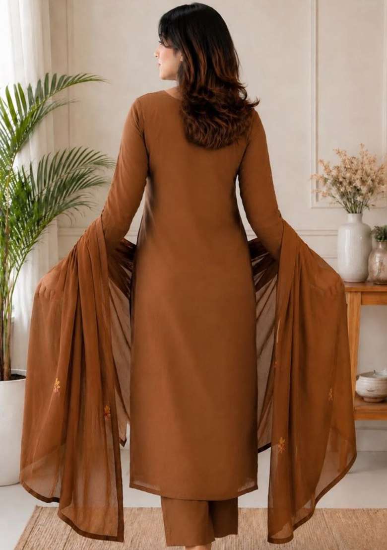 Cocoa Brown Embroidery Chanderi Kurta Set - Indya
