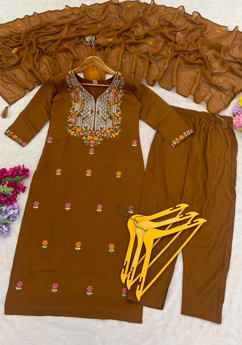 Cocoa Brown Embroidery Chanderi Kurta Set - Indya