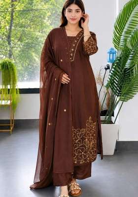 Dark Coffee Brown Embroidery Chanderi Kurta Set