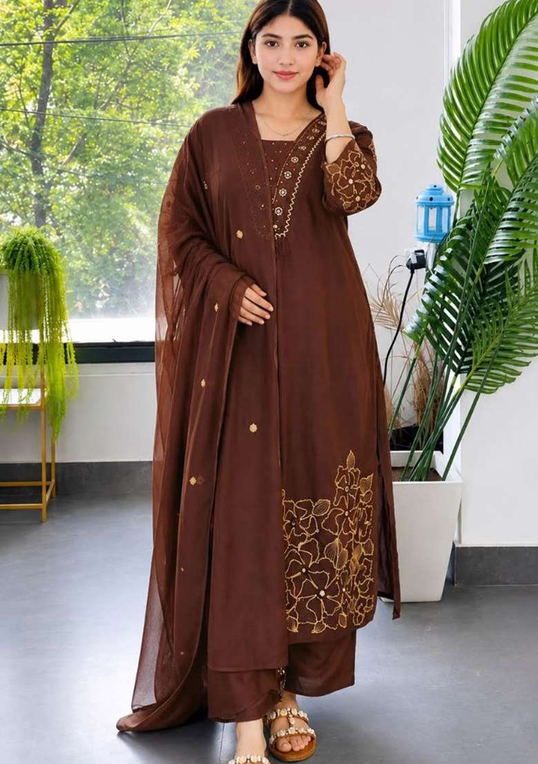 Dark Coffee Brown Embroidery Chanderi Kurta Set - Indya