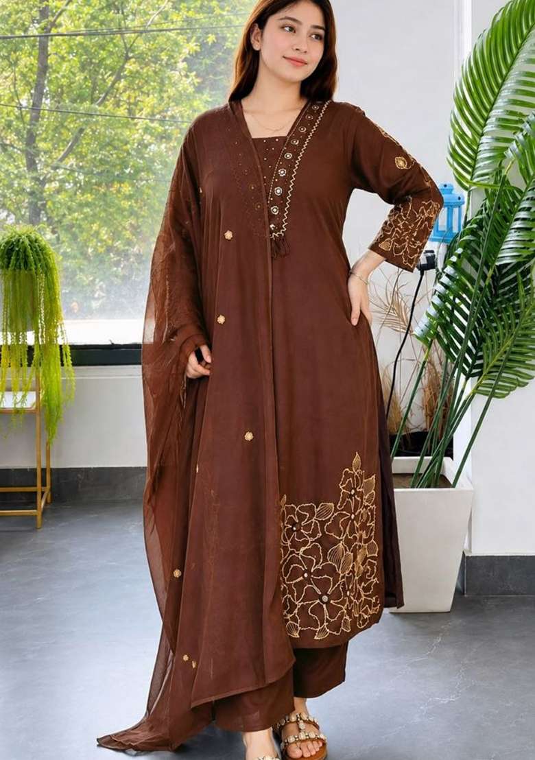 Dark Coffee Brown Embroidery Chanderi Kurta Set - Indya