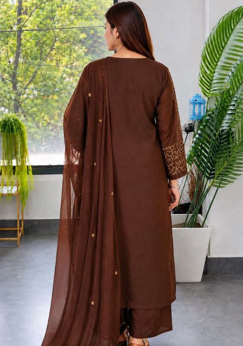 Dark Coffee Brown Embroidery Chanderi Kurta Set - Indya