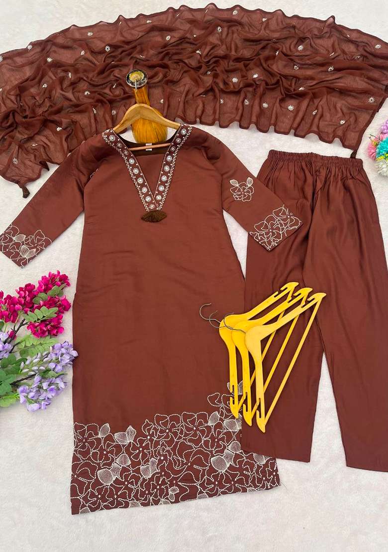 Dark Coffee Brown Embroidery Chanderi Kurta Set - Indya