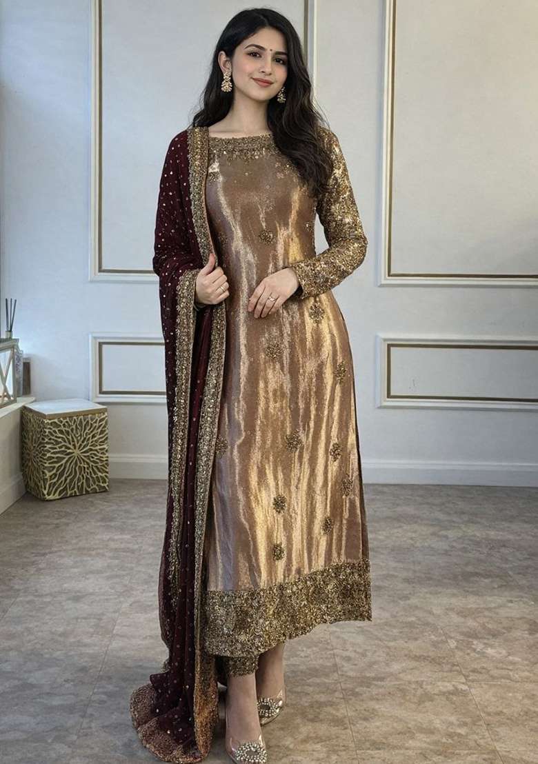 Bronze Gold Embroidery Silk Kurta Set - Indya