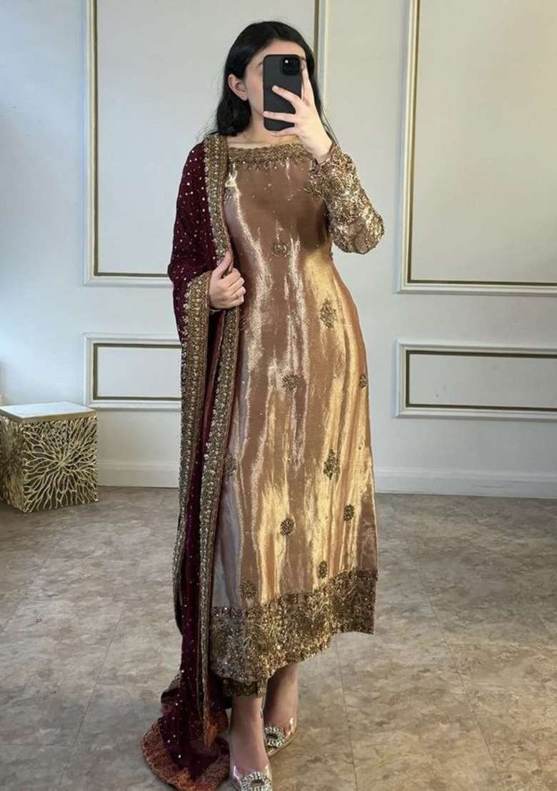 Bronze Gold Embroidery Silk Kurta Set - Indya