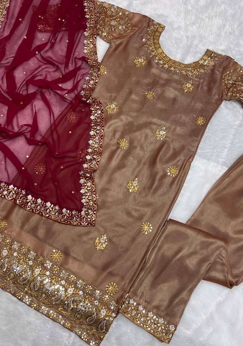 Bronze Gold Embroidery Silk Kurta Set - Indya