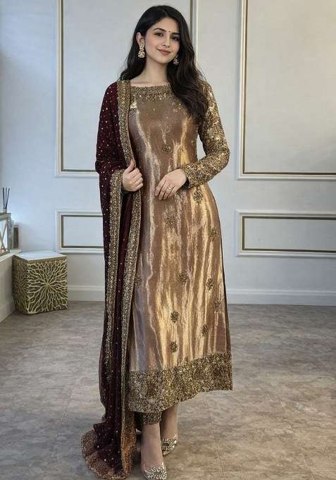 Bronze Gold Embroidery Silk Kurta Set
