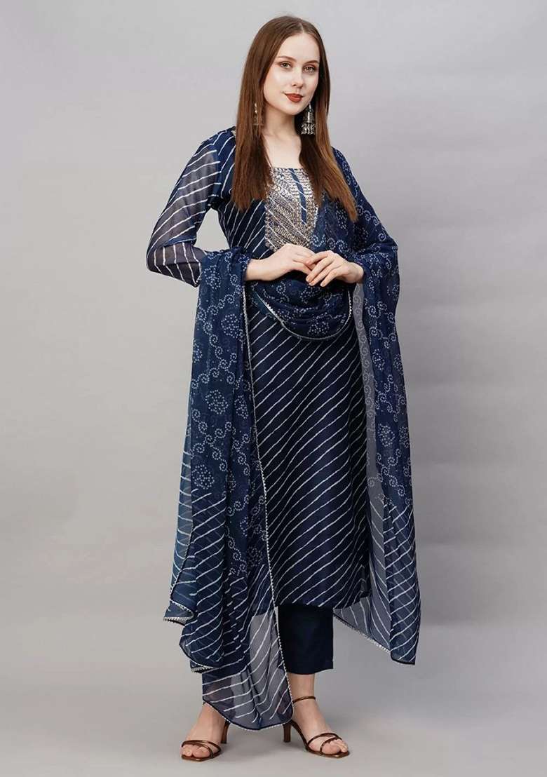Navy Blue Embroidery Rayon Kurta Set - Indya
