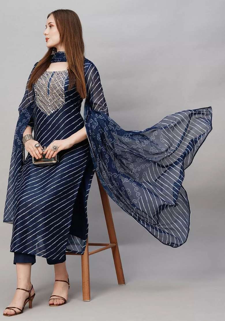 Navy Blue Embroidery Rayon Kurta Set - Indya