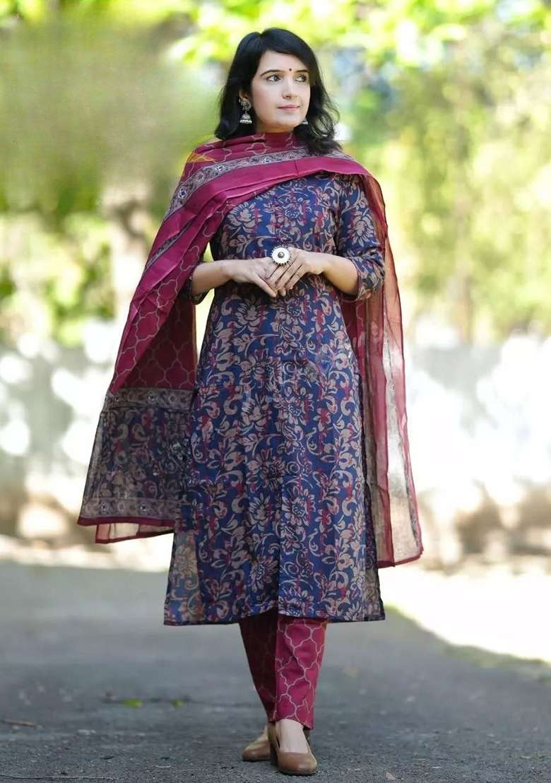 Blue And Red Printed Cotton Kurta Set - Indya