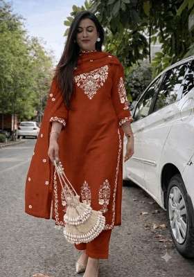 Rust Orange Embroidery Cotton Kurta Set