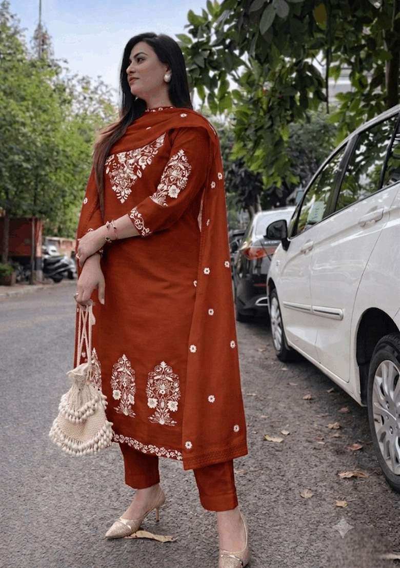 Rust Orange Embroidery Cotton Kurta Set - Indya