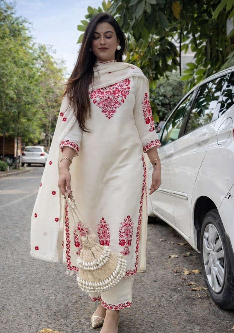 White Embroidery Cotton Kurta Set - Indya