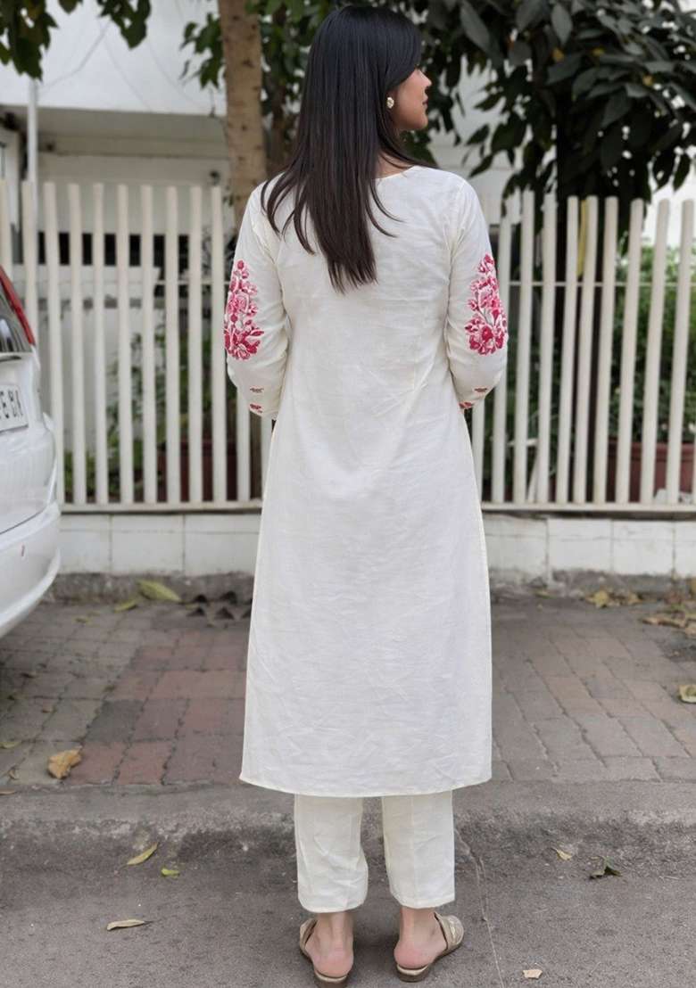 White Embroidery Cotton Kurta Set - Indya