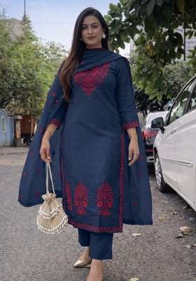 Denim Blue Embroidery Cotton Kurta Set