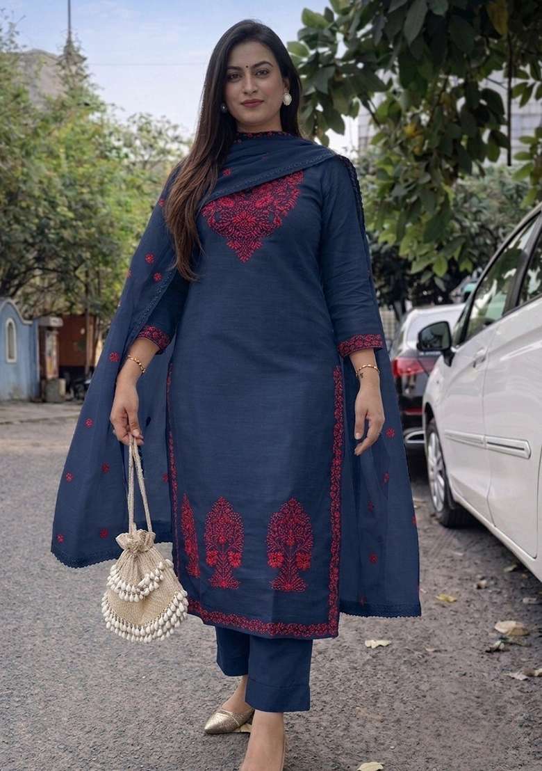 Denim Blue Embroidery Cotton Kurta Set - Indya