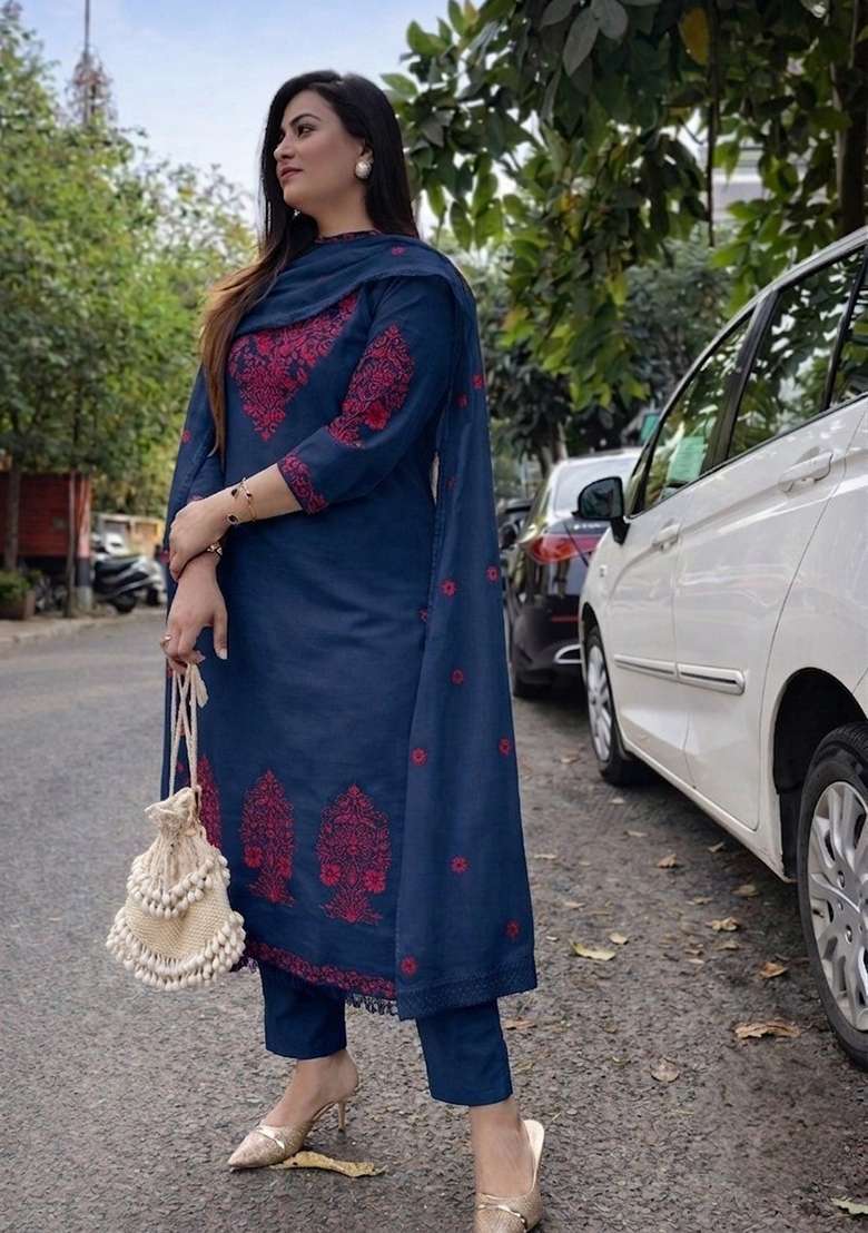 Denim Blue Embroidery Cotton Kurta Set - Indya