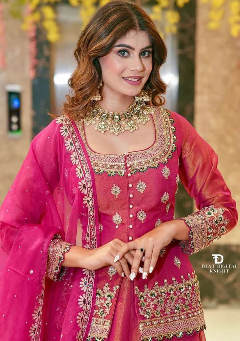 Rani Pink Embroidery Chanderi Kurta Set - Indya