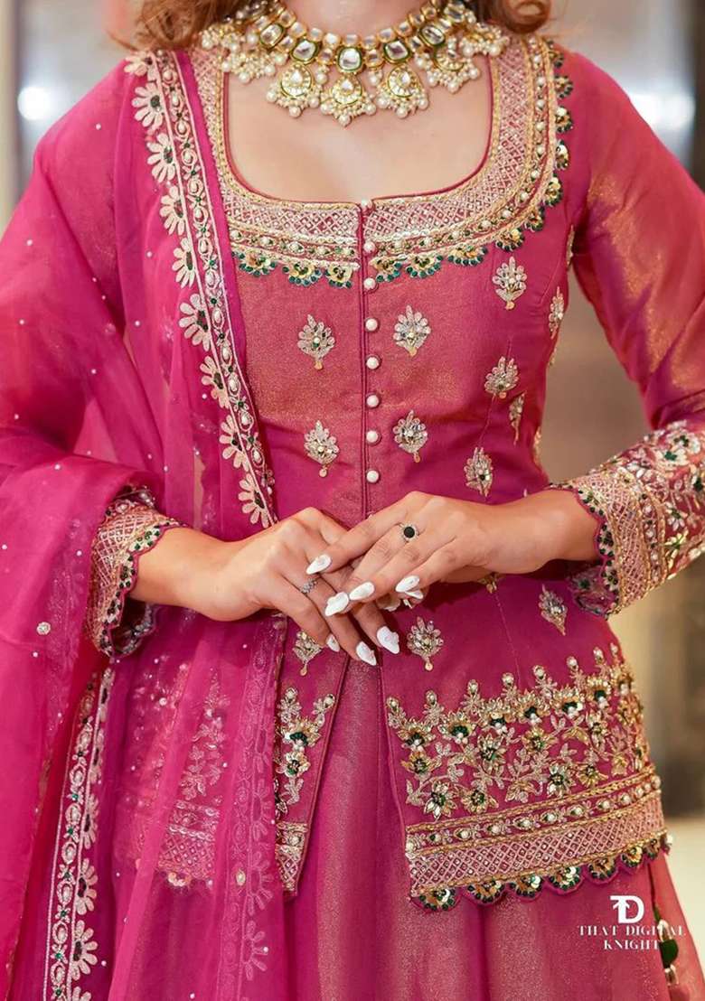 Rani Pink Embroidery Chanderi Kurta Set - Indya