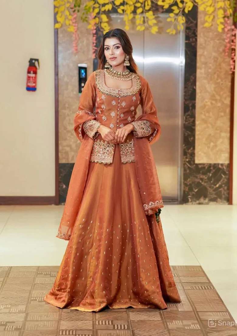 Rustic Orange Embroidery Chanderi Kurta Set - Indya