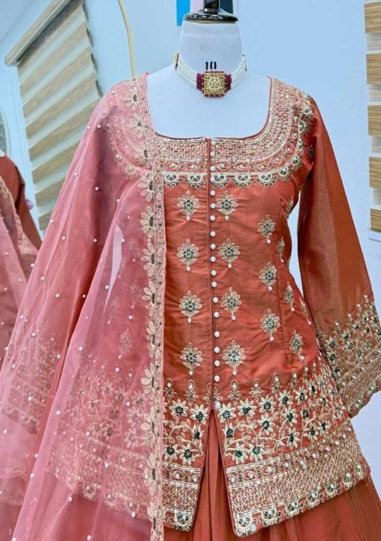 Rustic Orange Embroidery Chanderi Kurta Set - Indya