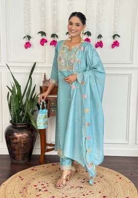 Sky Blue Embroidery Chanderi Kurta Set