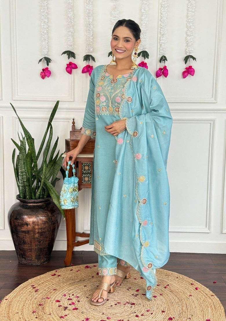 Sky Blue Embroidery Chanderi Kurta Set - Indya