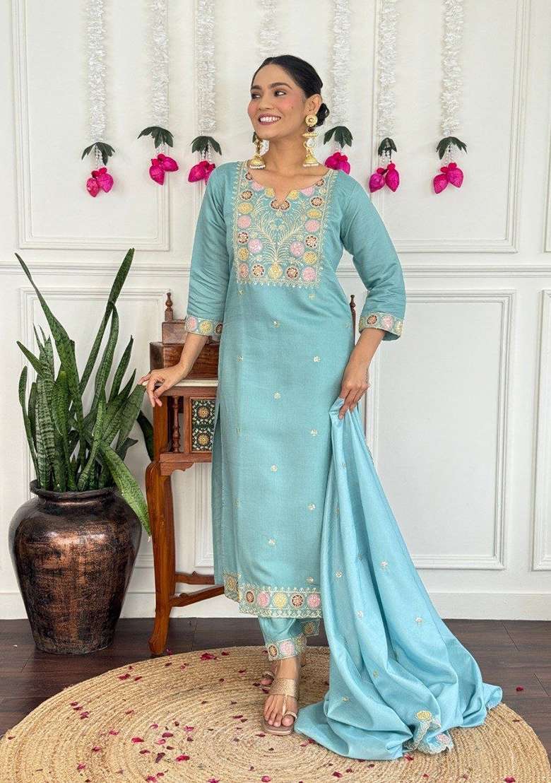 Sky Blue Embroidery Chanderi Kurta Set - Indya