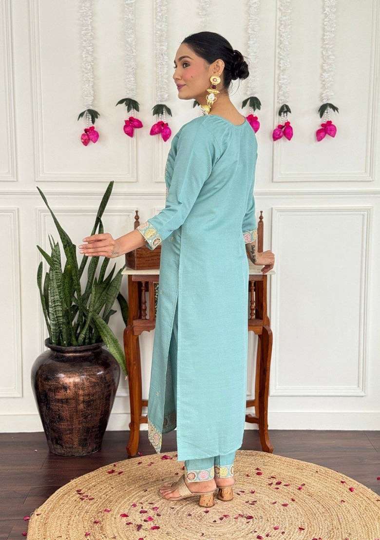 Sky Blue Embroidery Chanderi Kurta Set - Indya