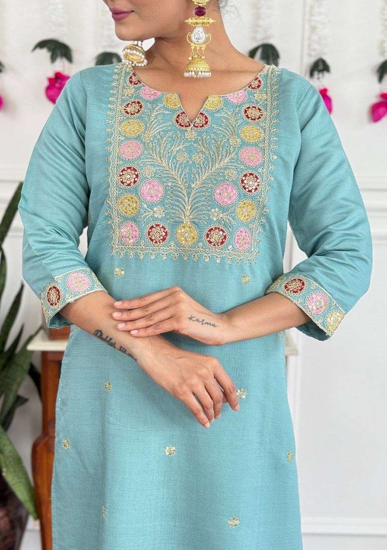 Sky Blue Embroidery Chanderi Kurta Set - Indya