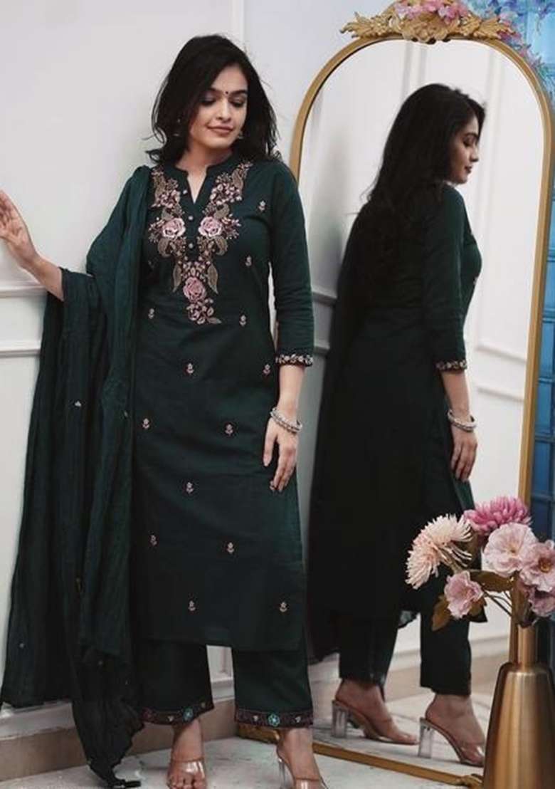 Green Embroidery Rayon Kurta Set - Indya
