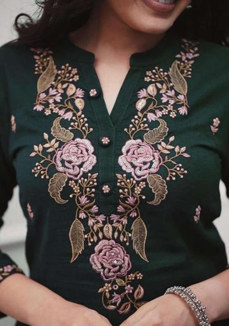 Green Embroidery Rayon Kurta Set - Indya