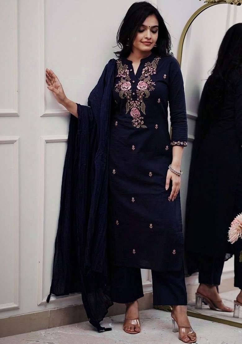 Blue Embroidery Rayon Kurta Set - Indya