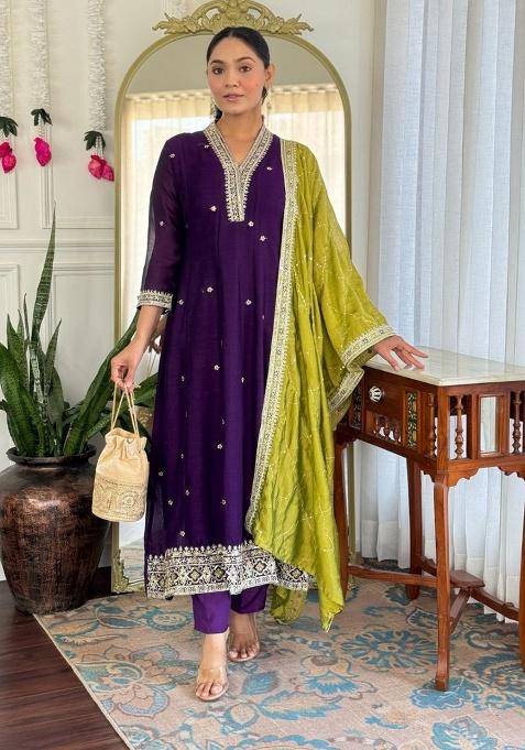 Royal Purple Embroidery Silk Kurta Set