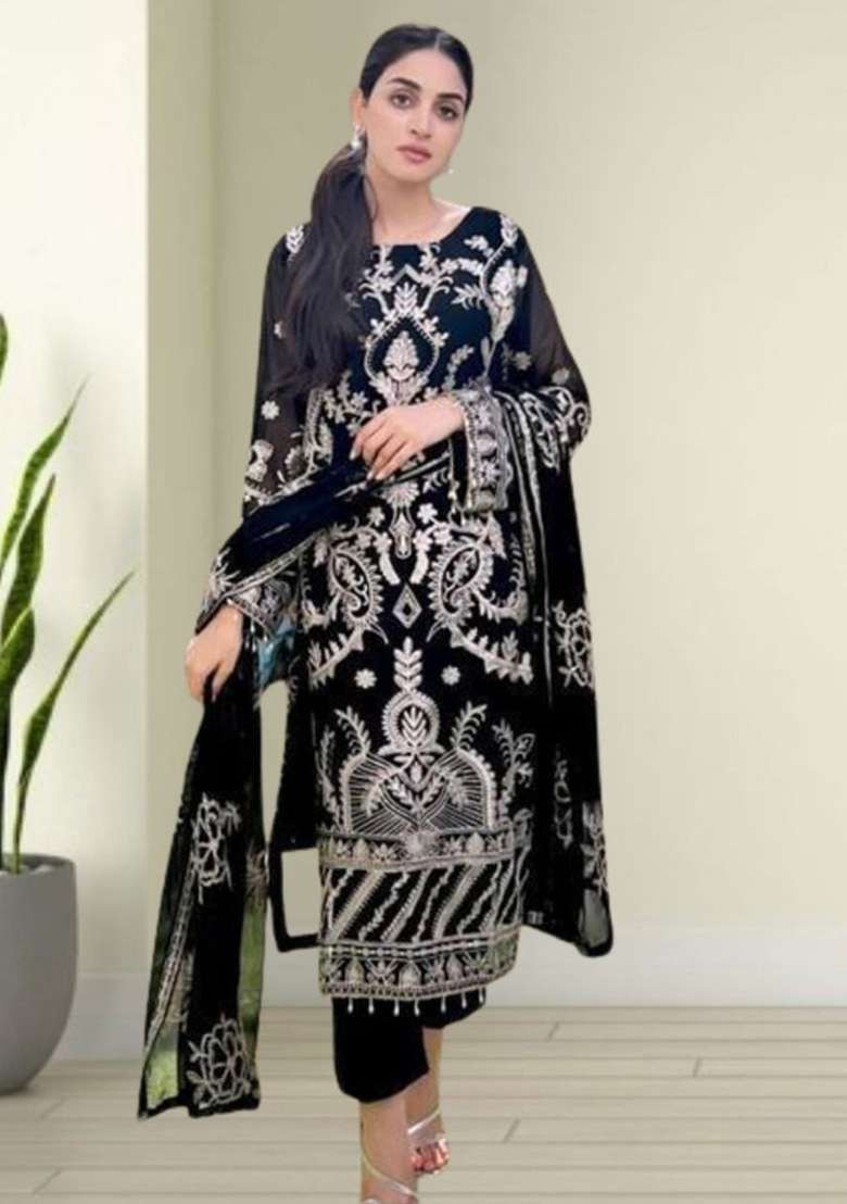 Black Embroidery Georgette Kurta Set - Indya