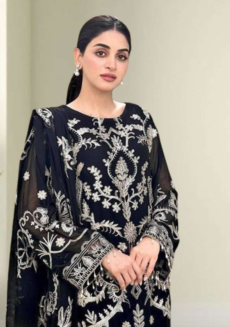 Black Embroidery Georgette Kurta Set - Indya