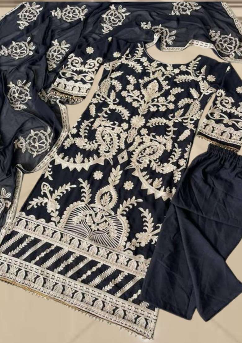 Black Embroidery Georgette Kurta Set - Indya