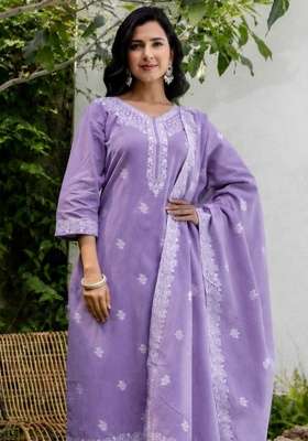 Light Purple Printed Cotton Kurta Set