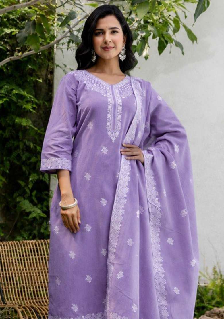Light Purple Printed Cotton Kurta Set - Indya