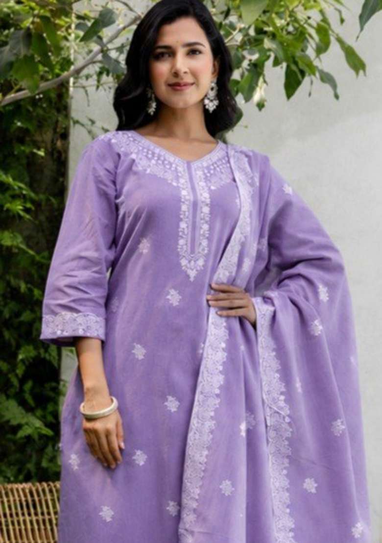 Light Purple Printed Cotton Kurta Set - Indya