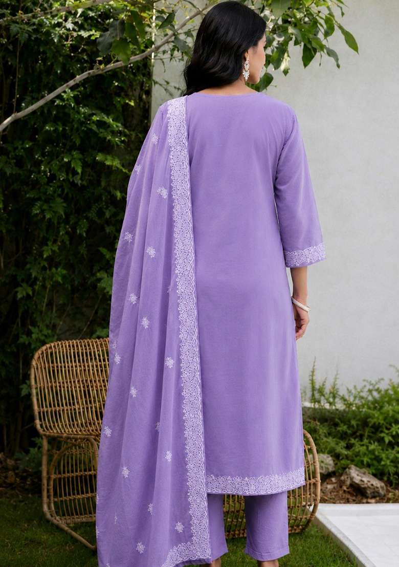 Light Purple Printed Cotton Kurta Set - Indya